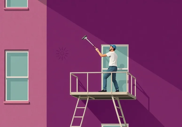 Peintre sur échafaudage traitant la façade d'une maison